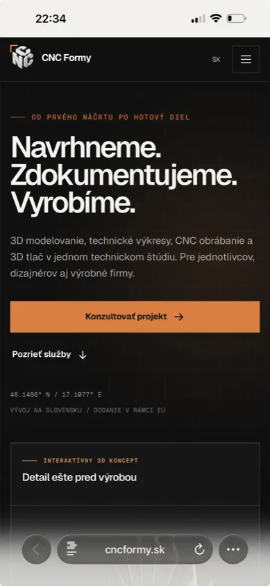 Slovenská stránka CNC Formy zachytená na mobilnej šírke